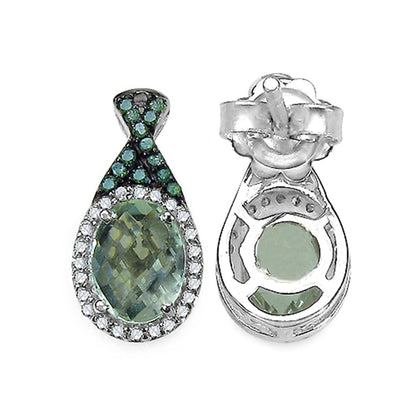 Green Amethyst Earrings With White Diamonds 2.48 Carats Sterling Silver