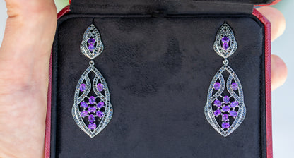 Amethyst Dangle Earrings With Black Spinels 5.74 Carats
