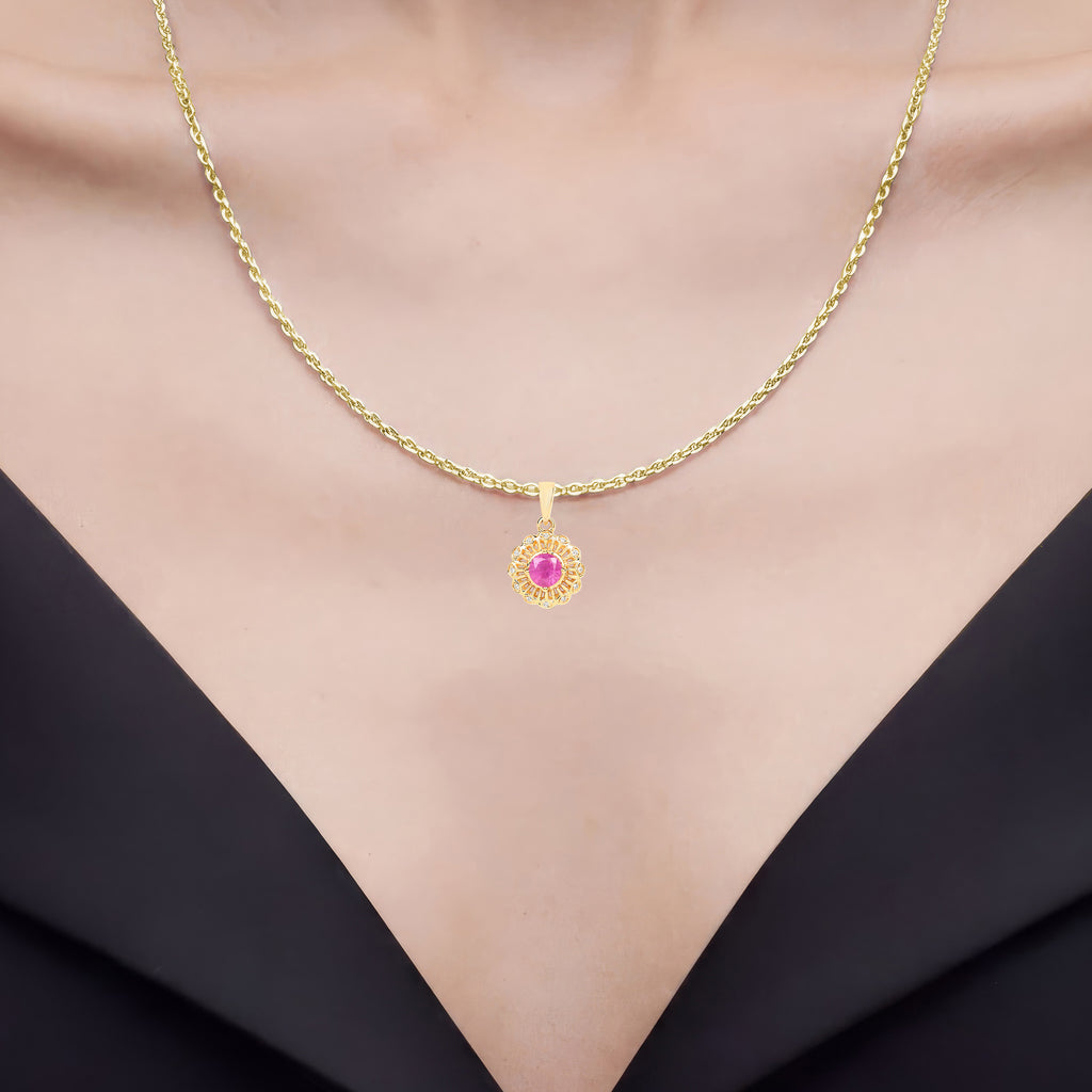 Ruby Flower Pendant With Diamonds 0.56 Carats 14K Yellow Gold