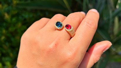 Blue and Red Spinel Bypass Ring Diamond Setting 4 Carats 18K Gold