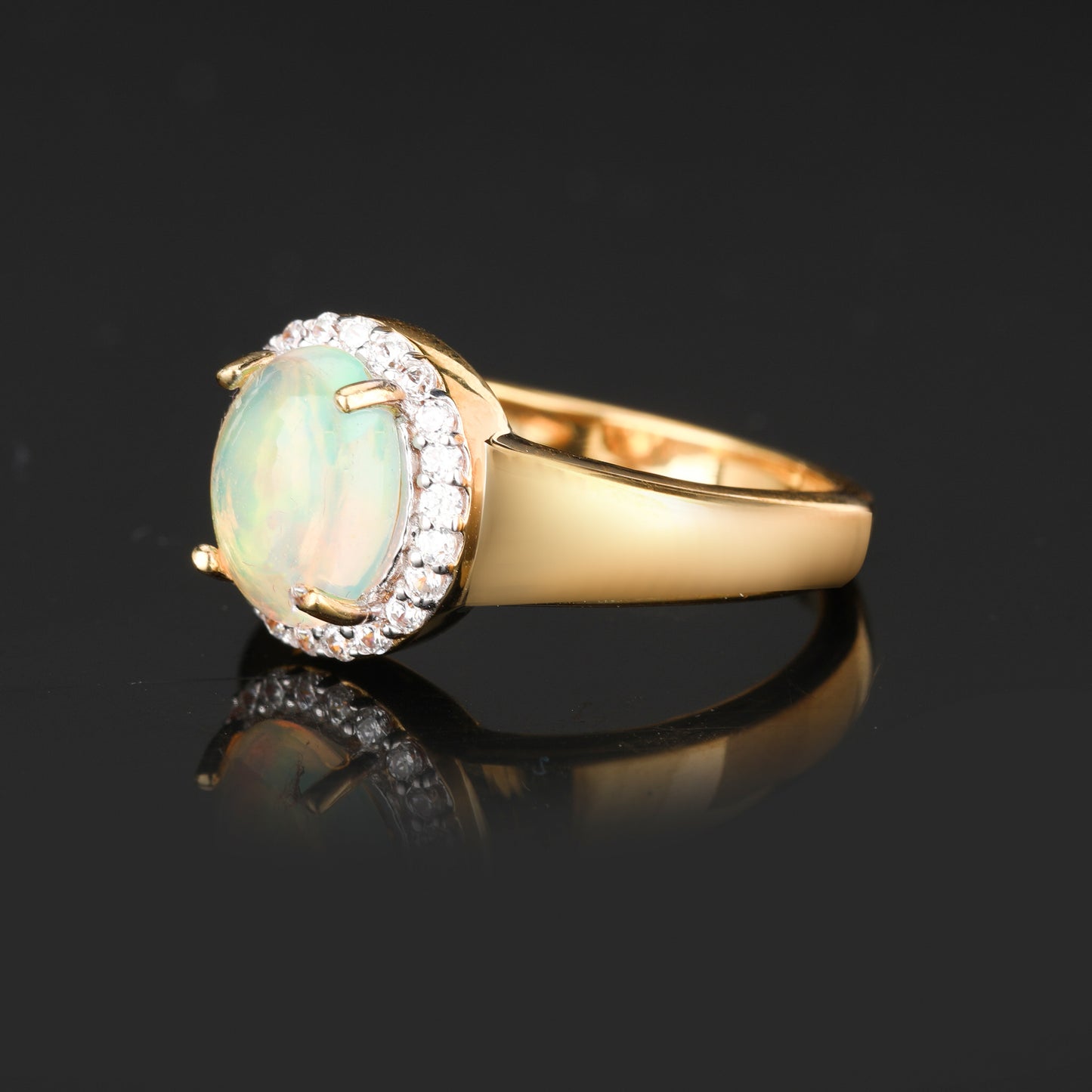 Natural Ethiopian Opal Ring With White Zircon 1.33 Carats Gold Plated Silver