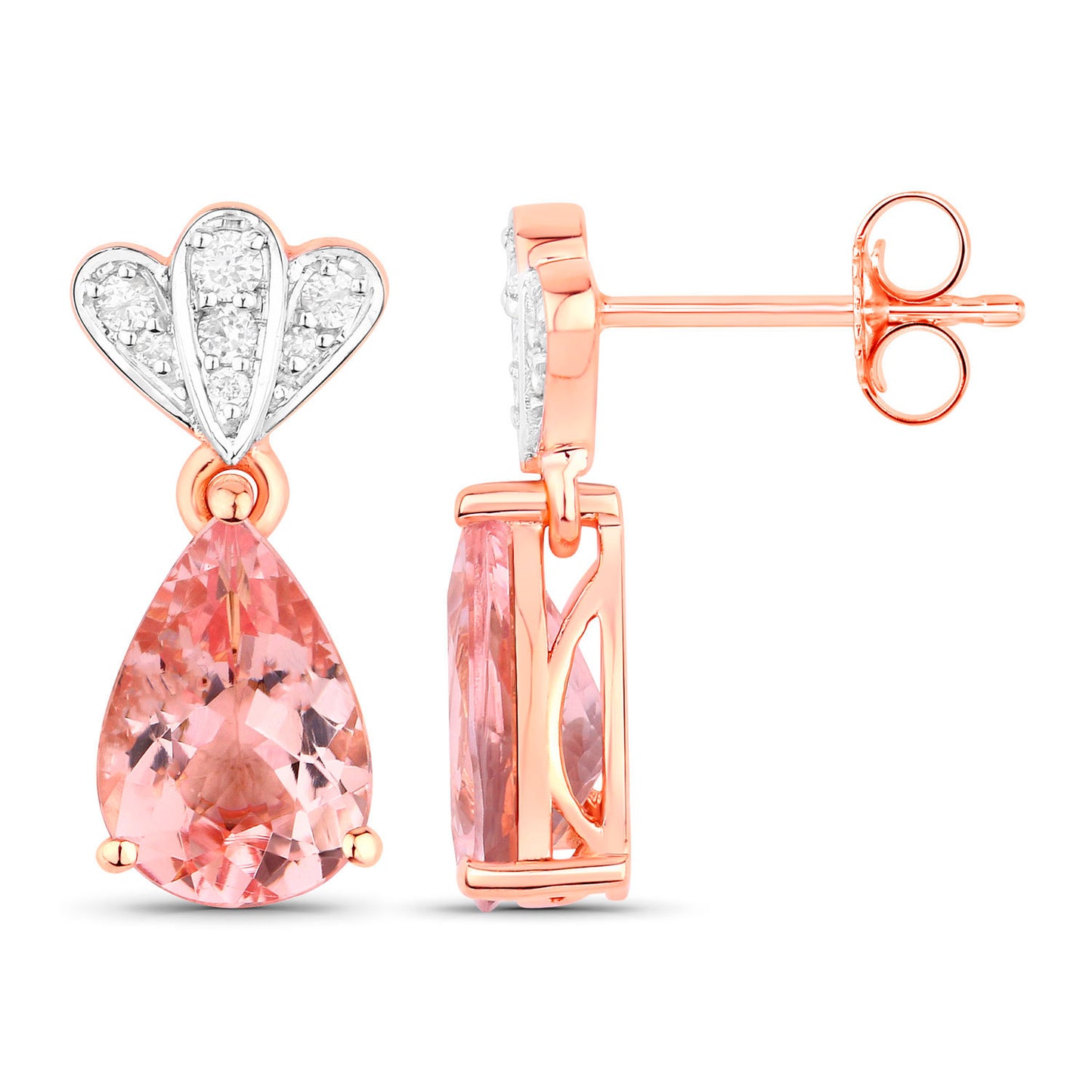 Morganite Drop Earrings Diamond Setting 3.04 Carats 14K Rose Gold