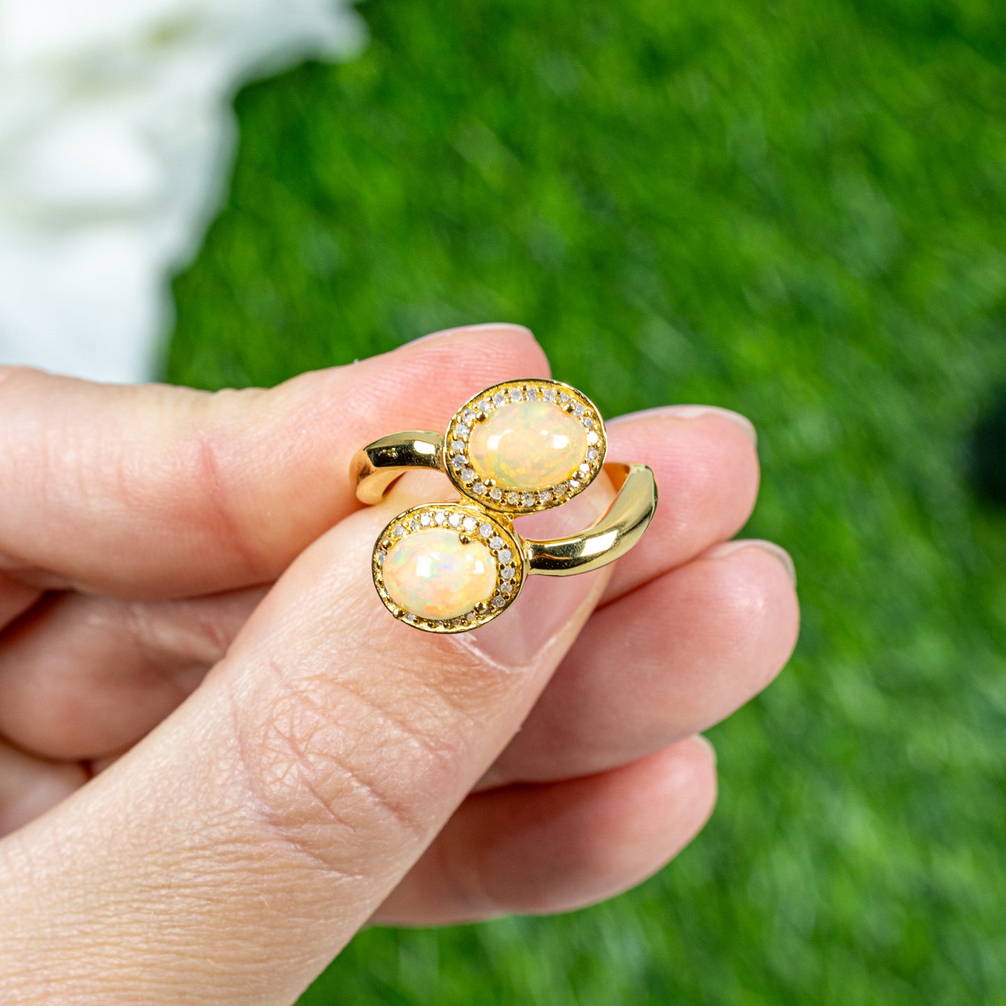 Natural Opal Bypass Ring With Diamonds 1.91 Carats 24K Yellow Gold Plated Silver