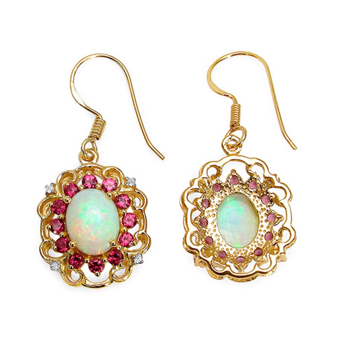 Natural Opal Earrings With Rhodolite Garnet 4.88 Carats Gold Plated Silver