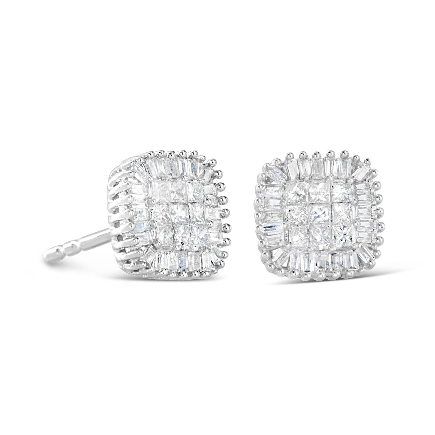 Diamond Cluster Stud Earrings Princess and Baguette Cut 0.5 Carats 10K Gold