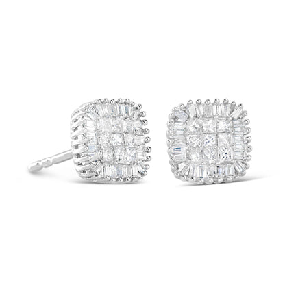 Diamond Cluster Stud Earrings Princess and Baguette Cut 0.5 Carats 10K Gold