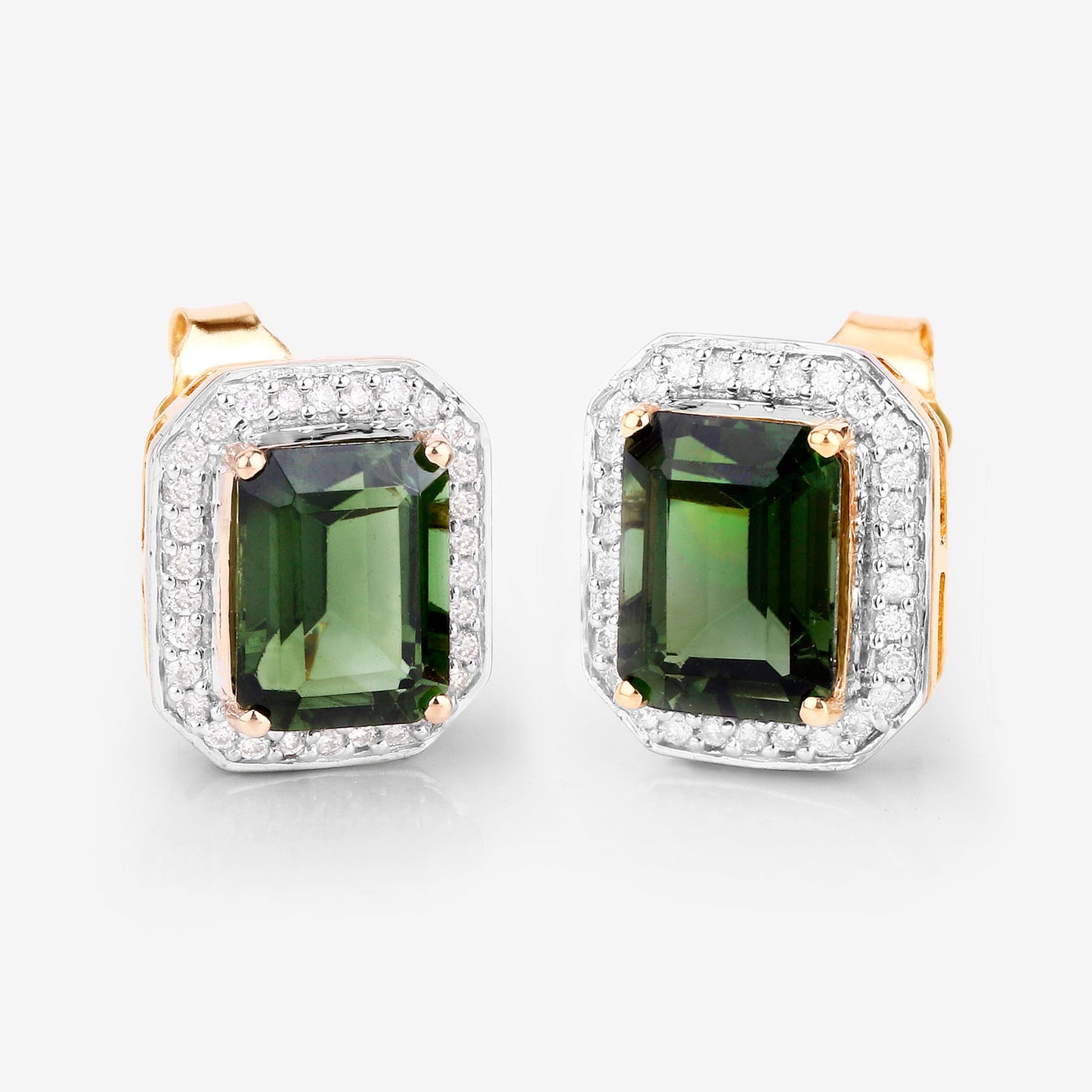 Green Tourmaline Stud Earrings Diamond Halo 3.55 Carats 14K Yellow Gold