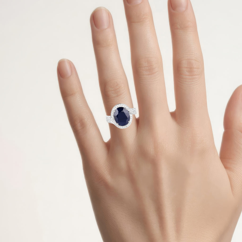 Blue Sapphire Ring With Diamonds 6.5 Carats 14K White Gold