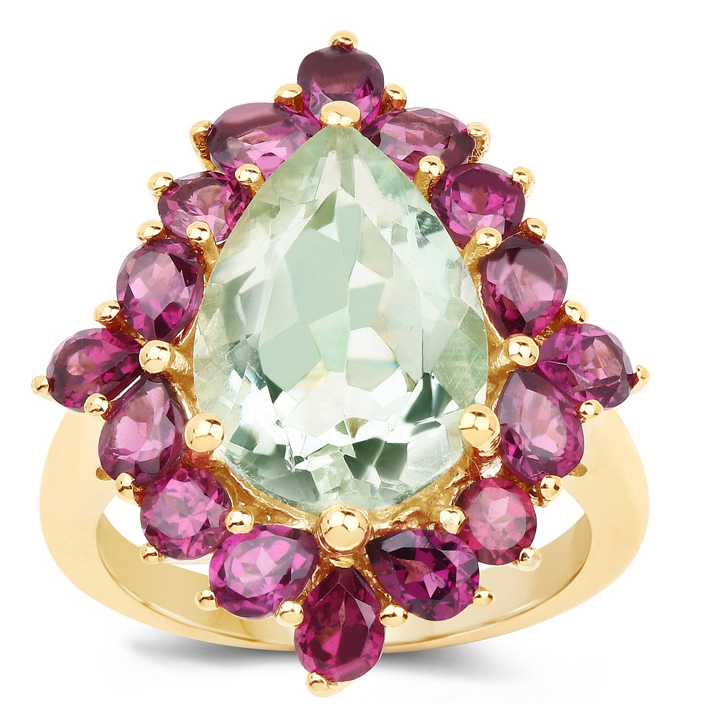 Green Amethyst Ring Rhodolites 7.1 Carats 14K Yellow Gold Plated Silver
