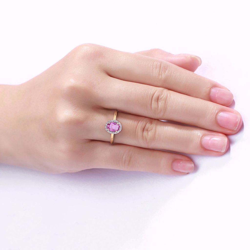 Pink Sapphire Ring With Diamonds 0.92 Carats 14K Yellow Gold