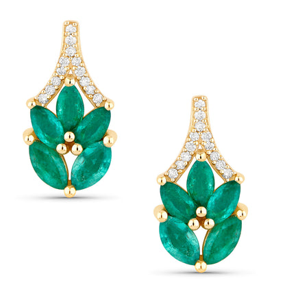 Zambian Emerald Stud Earrings White Diamonds 14K Yellow Gold