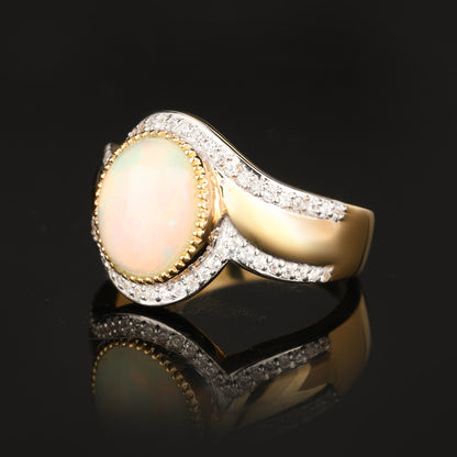 Natural Ethiopian Opal Ring With White Zircon 2.65 Carats Gold Plated Silver