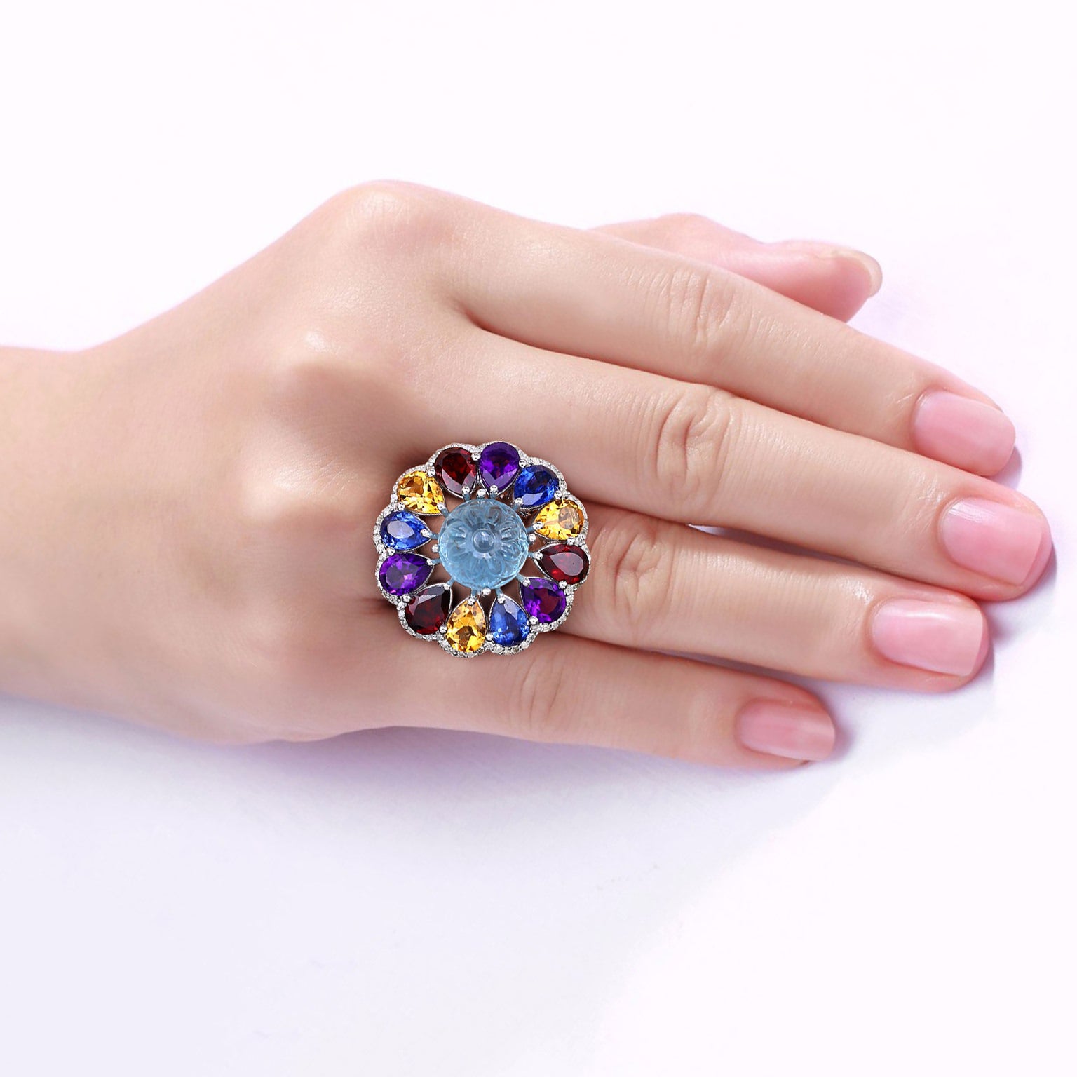 Natural Mixed Gemstones Ring 16 Carats Sterling Silver