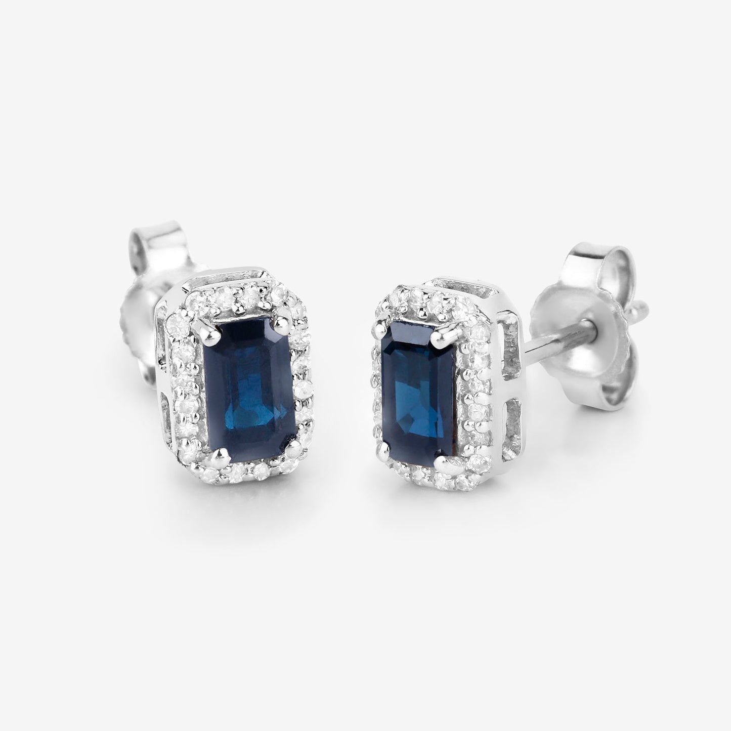 Blue Sapphire Earrings Diamond Halo 0.9 Carats 14K White Gold