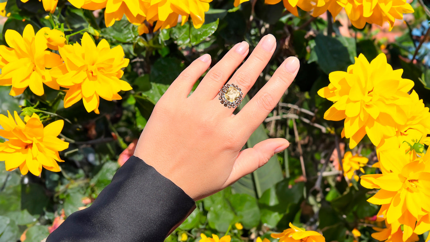 Citrine Cocktail Ring Smoky Quartz Halo 8.9 Carats