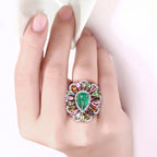Emerald Ring With Multicolor Tourmaline 7.08 Carats Sterling Silver