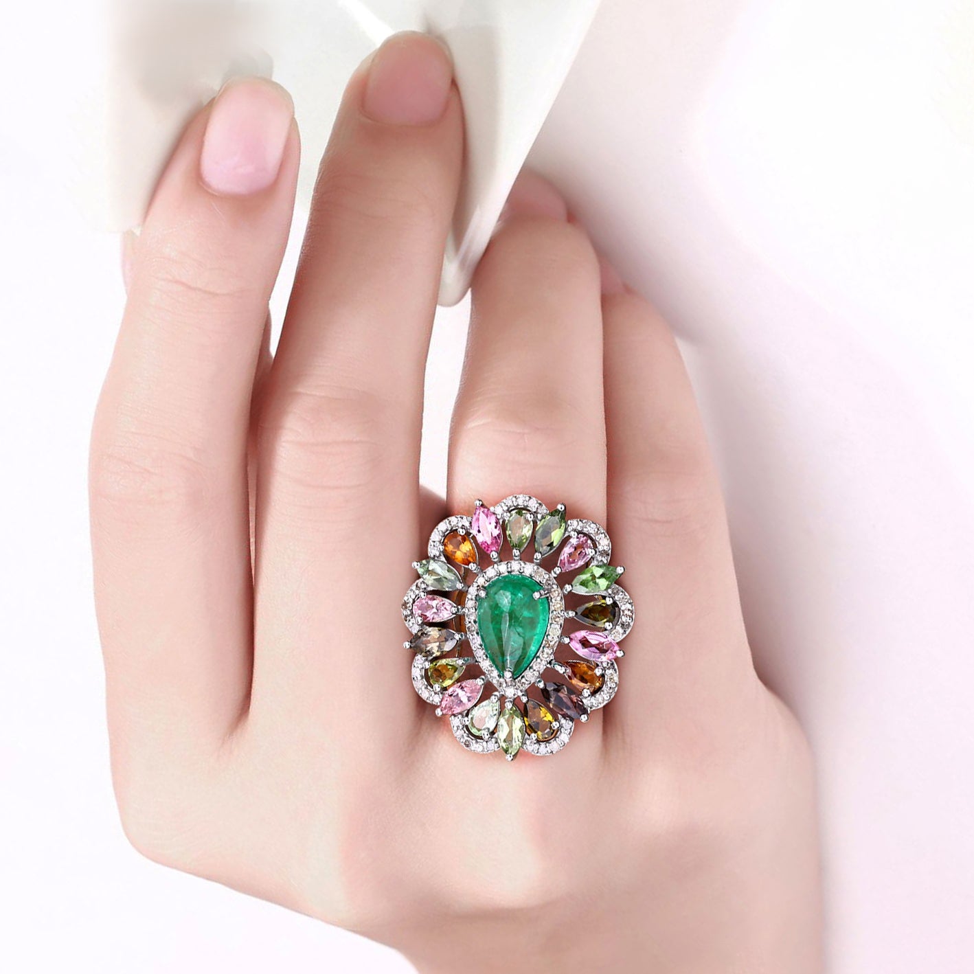 Emerald Ring With Multicolor Tourmaline 7.08 Carats Sterling Silver