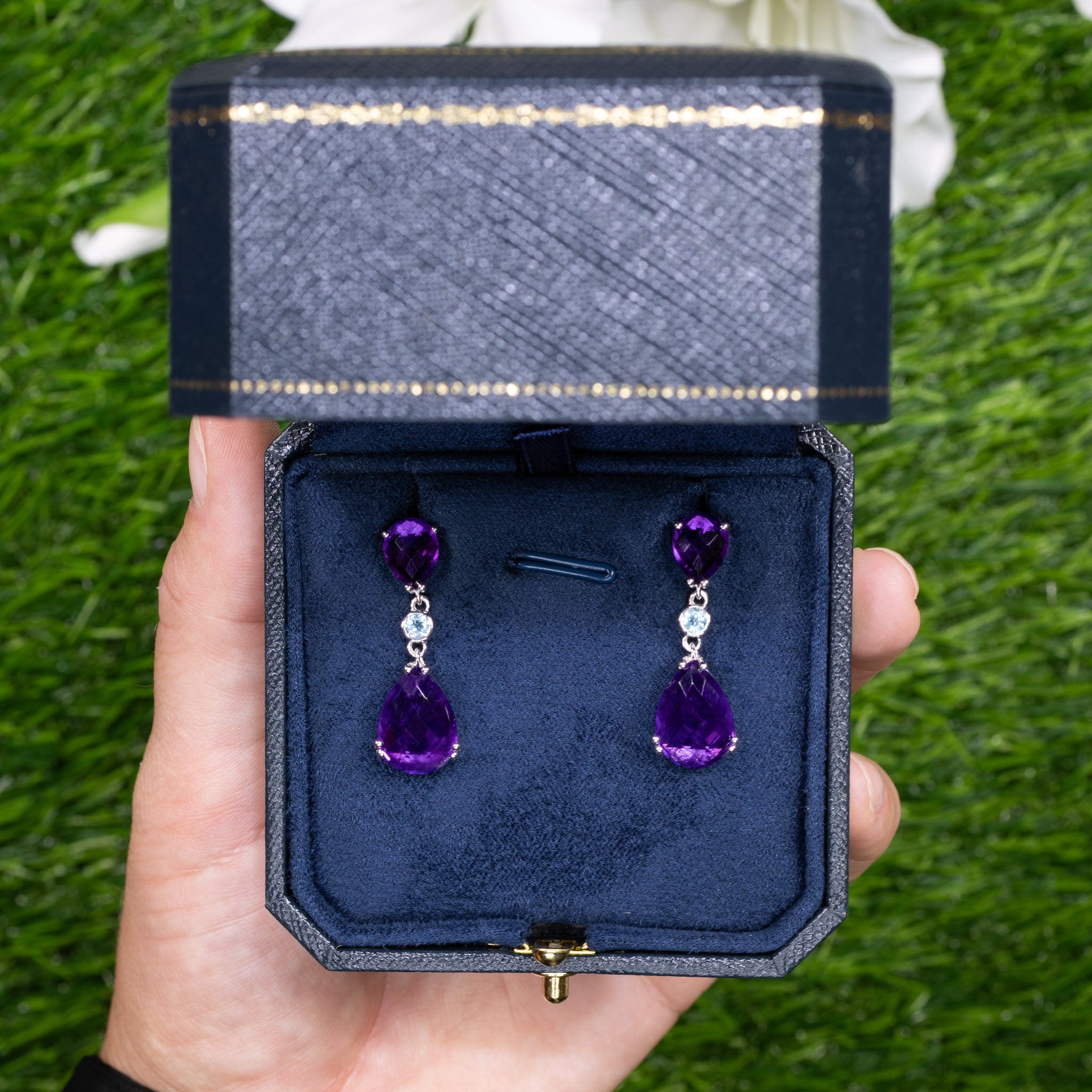 Rose Cut Amethyst Earrings Blue Topaz 11.8 Carats Sterling Silver