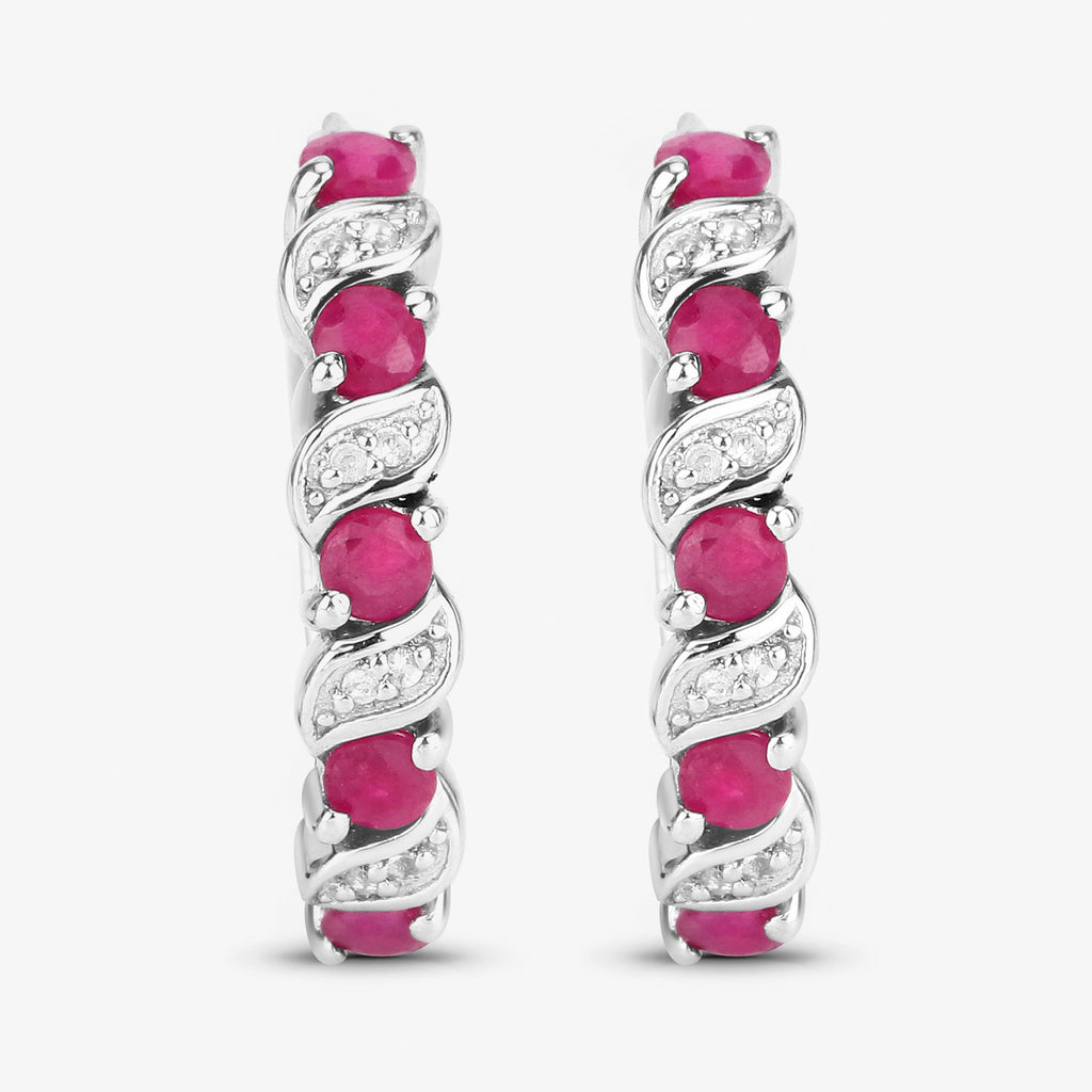 Ruby Hoop Earrings With White Topaz 1.36 Carats Sterling Silver