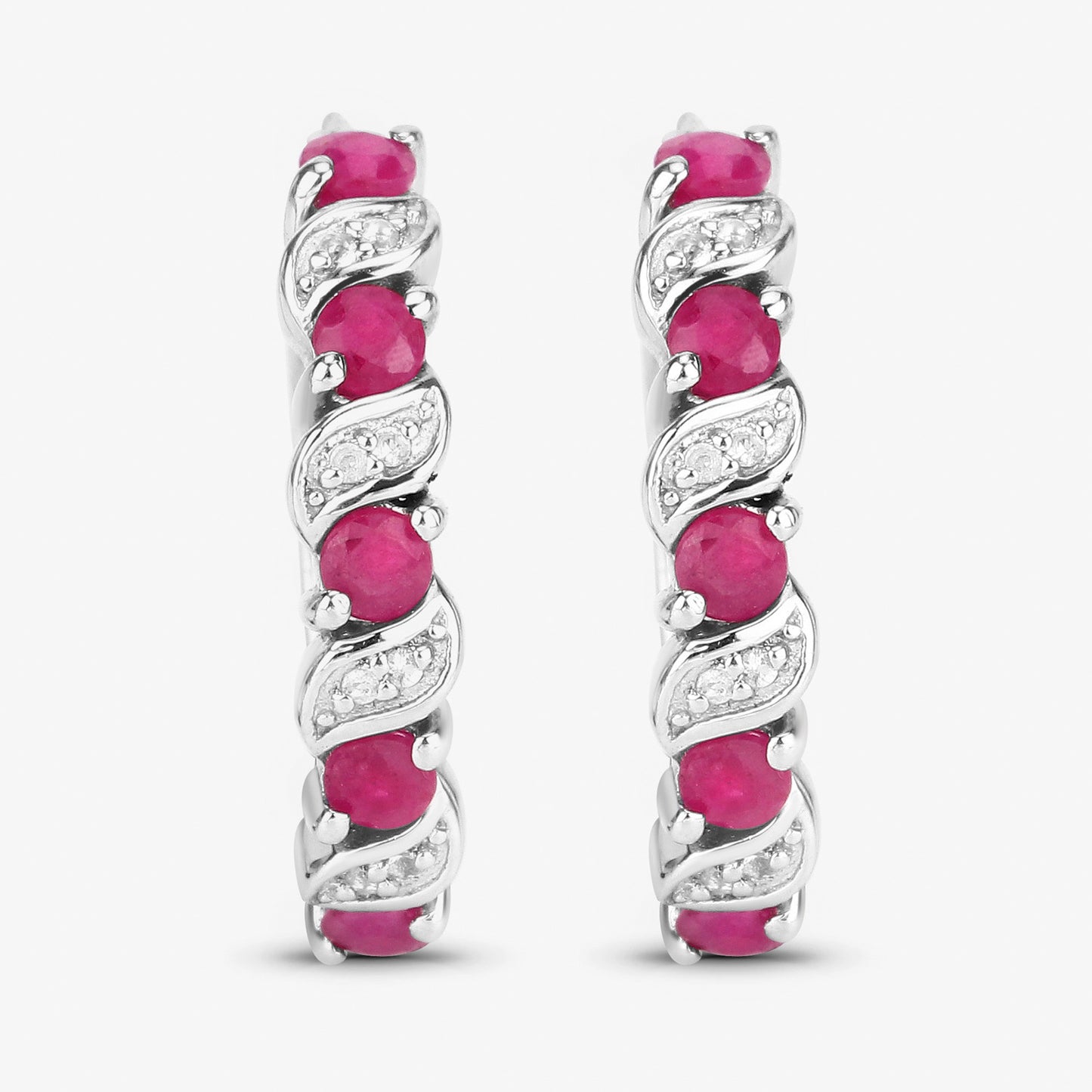 Ruby Hoop Earrings With White Topaz 1.36 Carats Sterling Silver