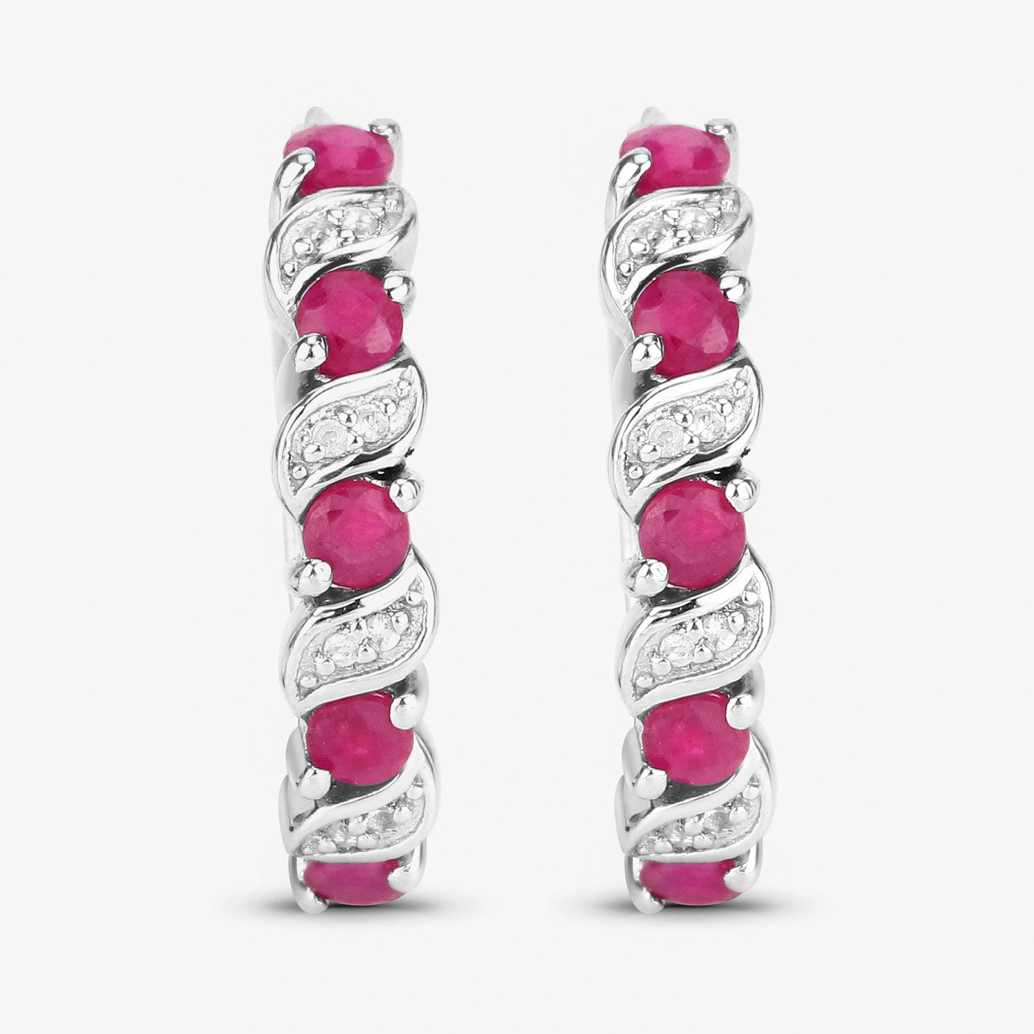 Ruby Hoop Earrings With White Topaz 1.36 Carats Sterling Silver