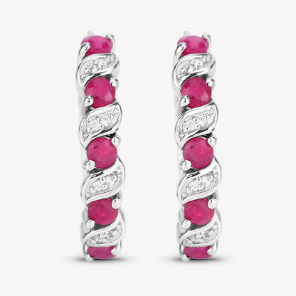 Ruby Hoop Earrings With White Topaz 1.36 Carats Sterling Silver