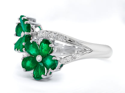 Emerald Flower Ring Diamond Setting 1.42 Carats 18K White Gold