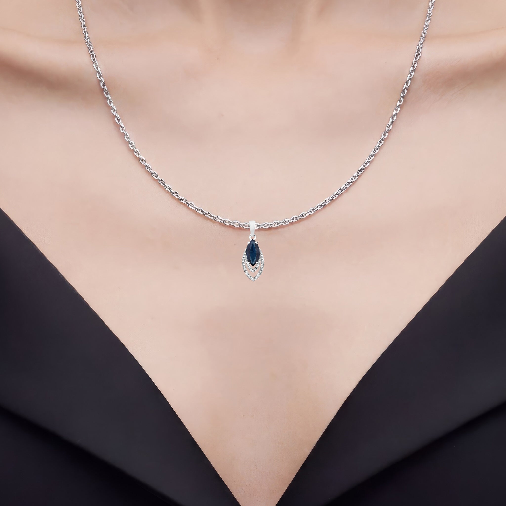 Blue Sapphire Pendant With Diamonds 1.38 Carats 14K White Gold