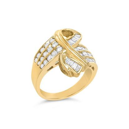 Diamond Cocktail Bypass Ring Baguette and Round Cut 1.32 Carats 14K Yellow Gold