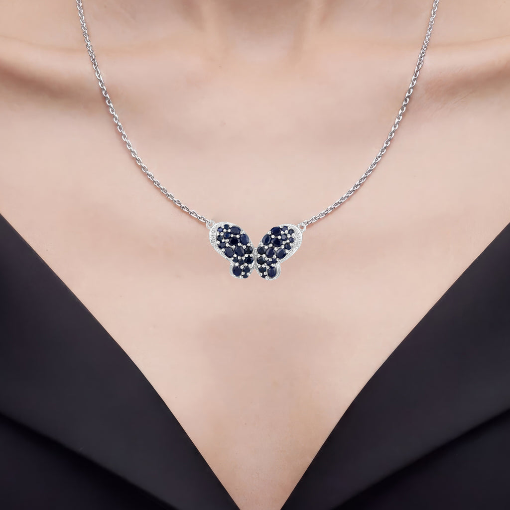 Blue Sapphire Butterfly Pendant With White Zircon 3.76 Carats Sterling Silver