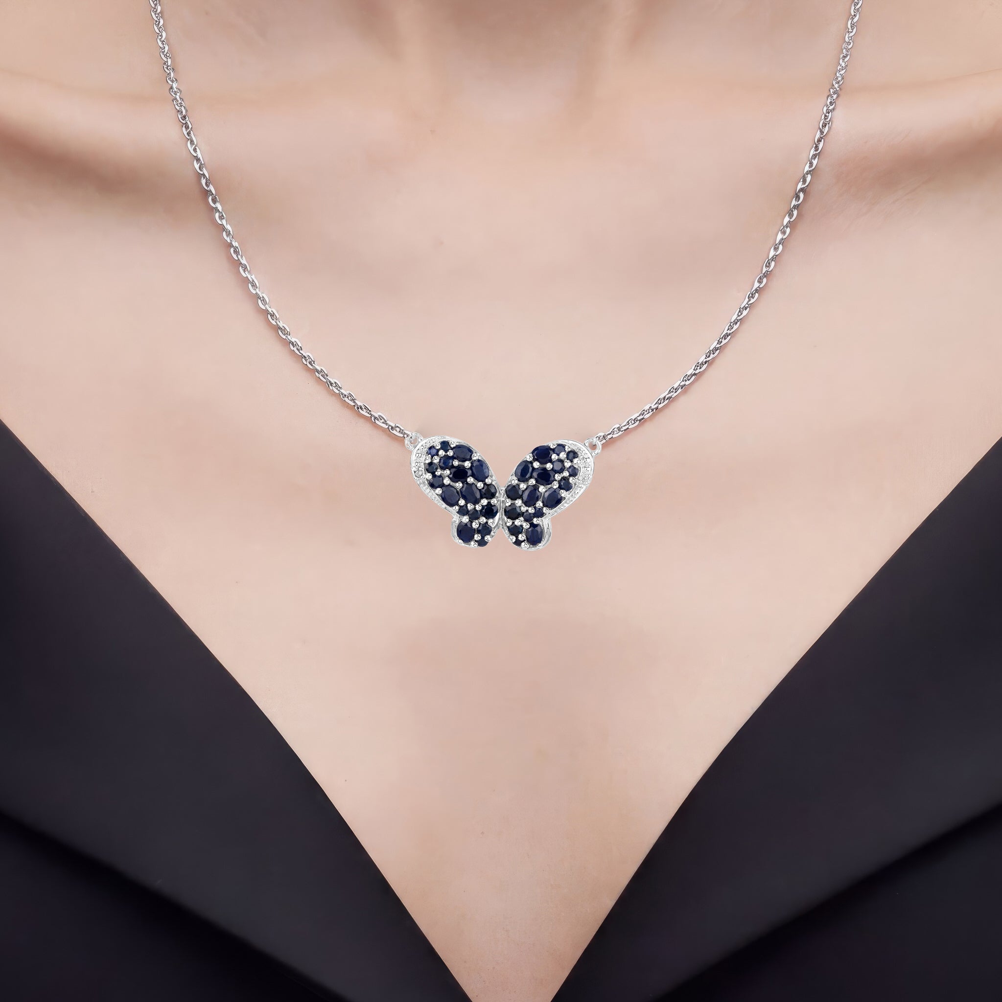 Blue Sapphire Butterfly Pendant With White Zircon 3.76 Carats Sterling Silver