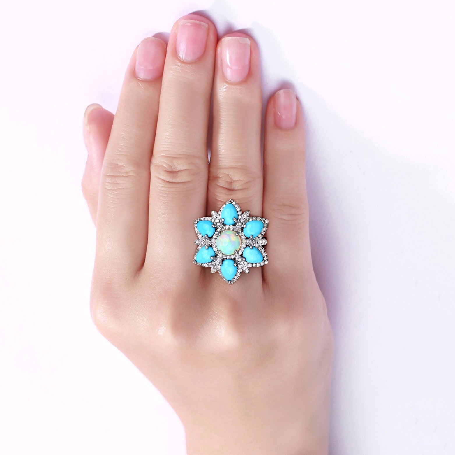 Ethiopian Opal Ring With Turquoise 5.88 Carats Sterling Silver