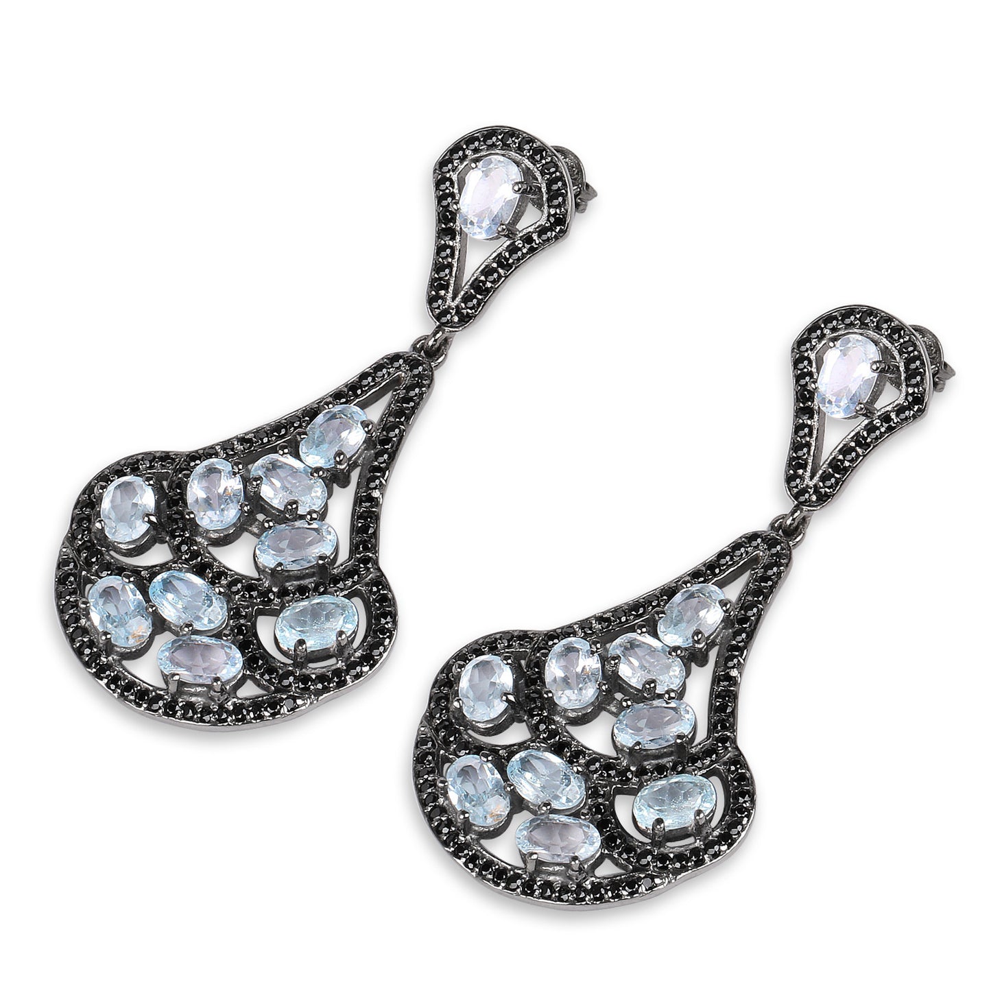 Blue Topaz Dangle Earrings Black Spinel 12.1 Carats Sterling Silver