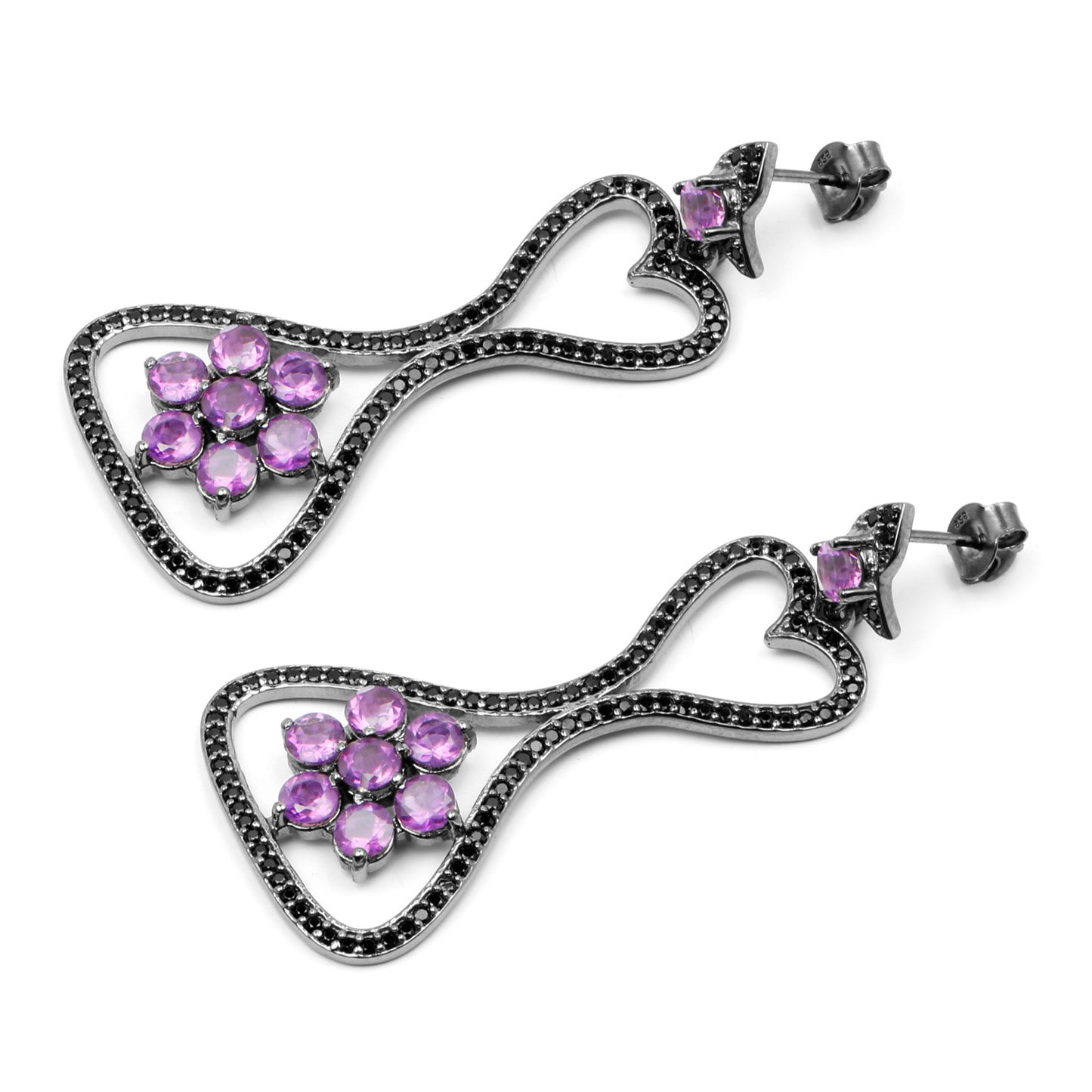 Amethyst Dangle Earrings Black Spinel 6.2 Carats Black Rhodium Plated Silver