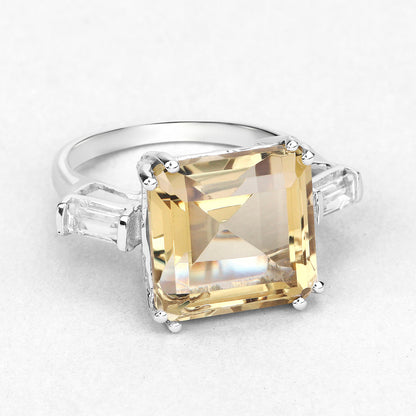 Lemon Quartz Ring With White Topaz 11.4 Carats Sterling Silver
