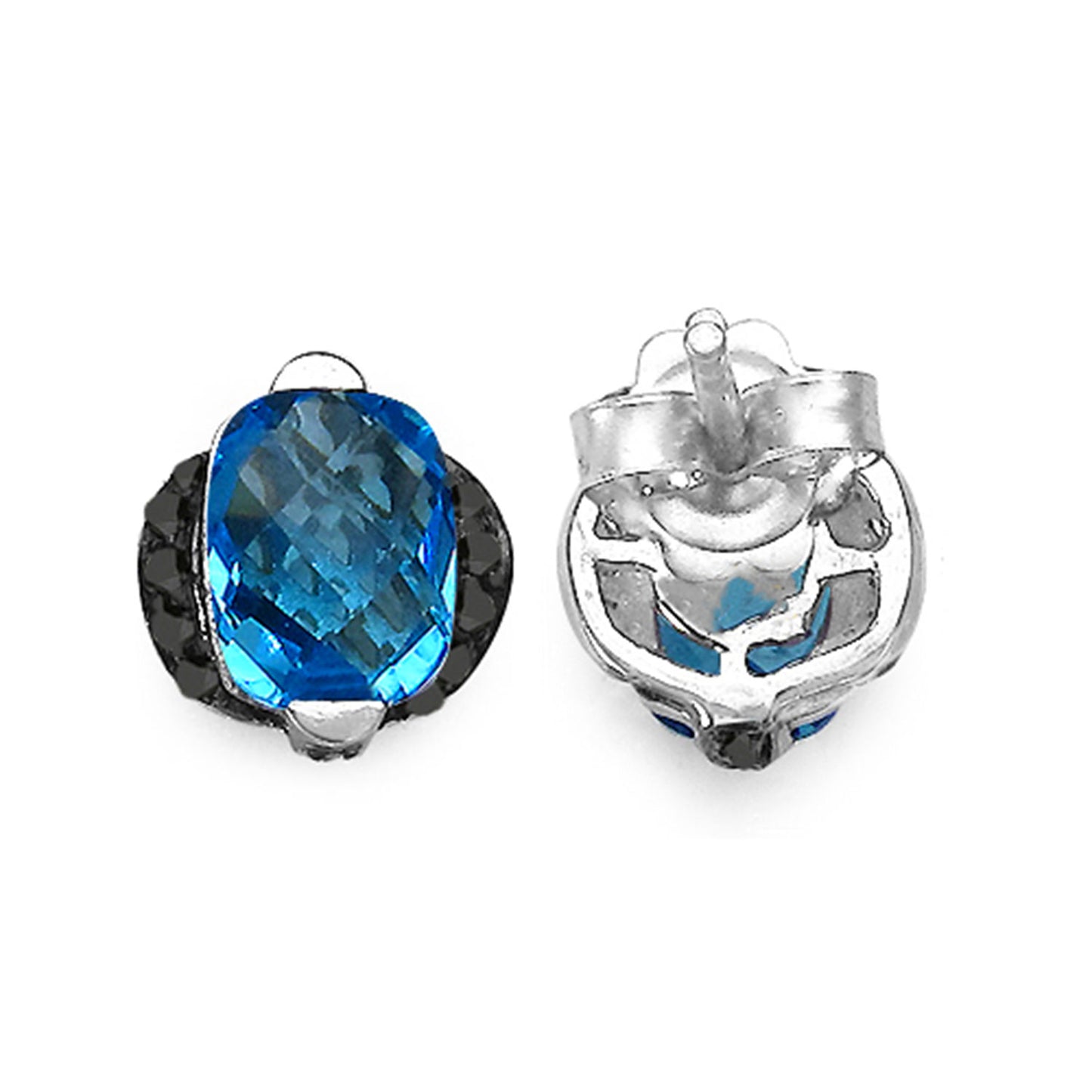 Swiss Blue Topaz Earrings With Black Diamond 3.70 Carats Sterling Silver