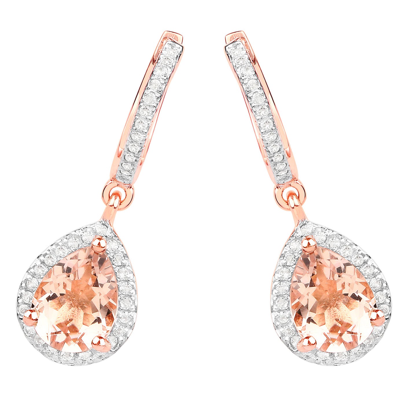 Morganite Dangle Earrings With White Topaz 2.02 Carats Gold Plated Silver