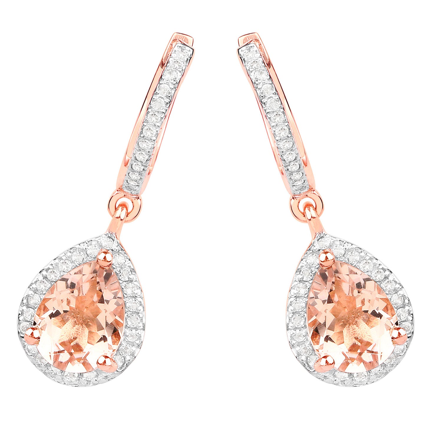 Morganite Dangle Earrings With White Topaz 2.02 Carats Gold Plated Silver