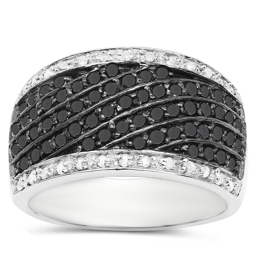 Wide Band Cluster Ring Black and White Diamonds Sterling Silver