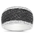 Wide Band Cluster Ring Black and White Diamonds Sterling Silver