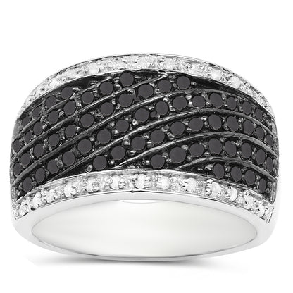 Wide Band Cluster Ring Black and White Diamonds Sterling Silver