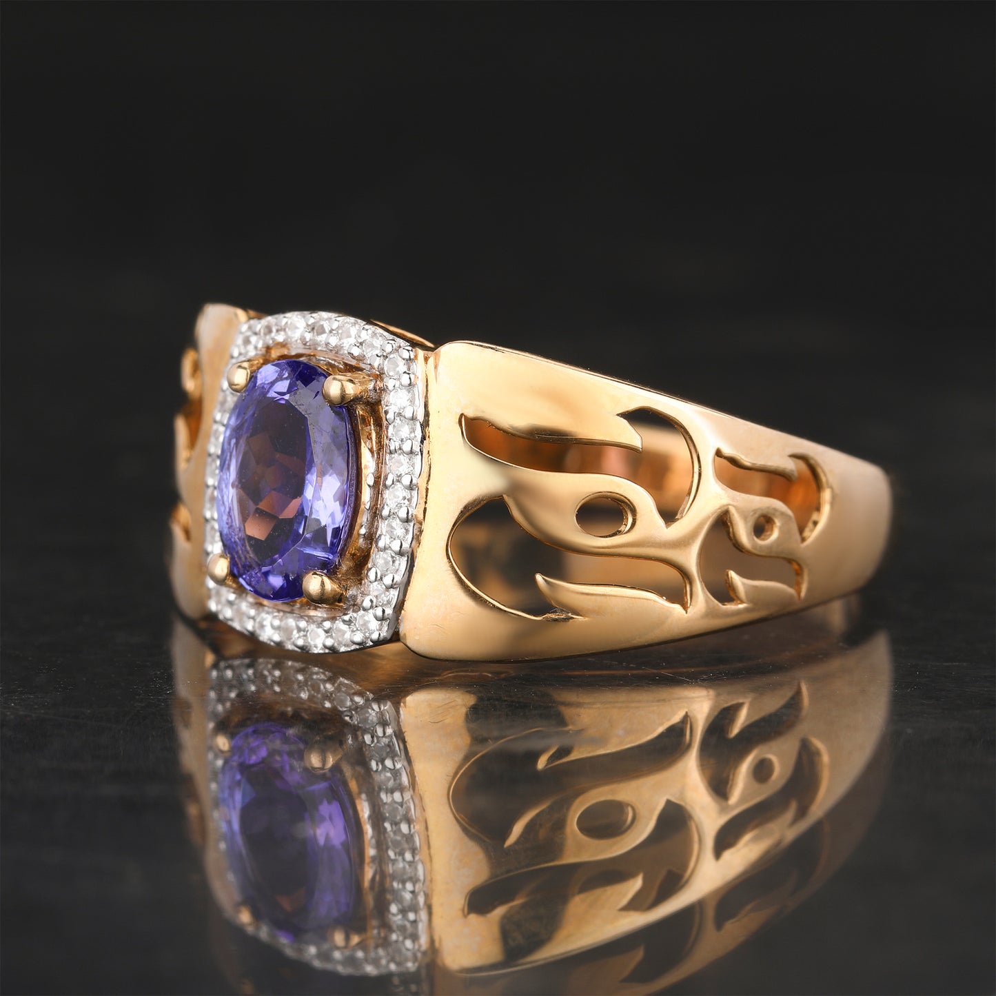 Natural Tanzanite Ring With White Zircon 0.89 Carats 9K Yellow Gold