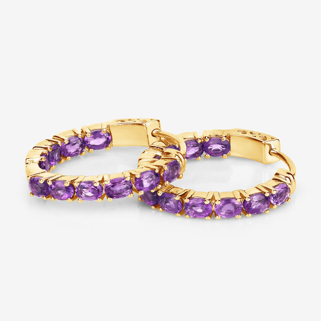 Amethyst Hoop Earrings 3.18 Carats Gold Plated Silver