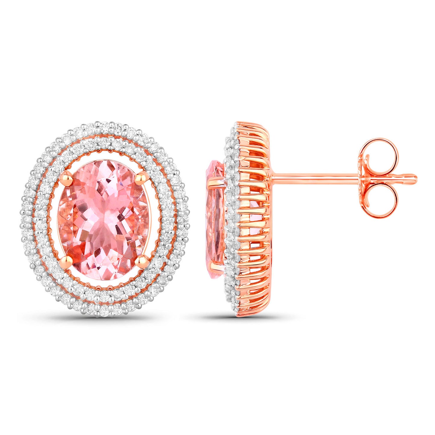 Morganite Stud Earrings Double Diamond Halo 3.7 Carats 14K Rose Gold