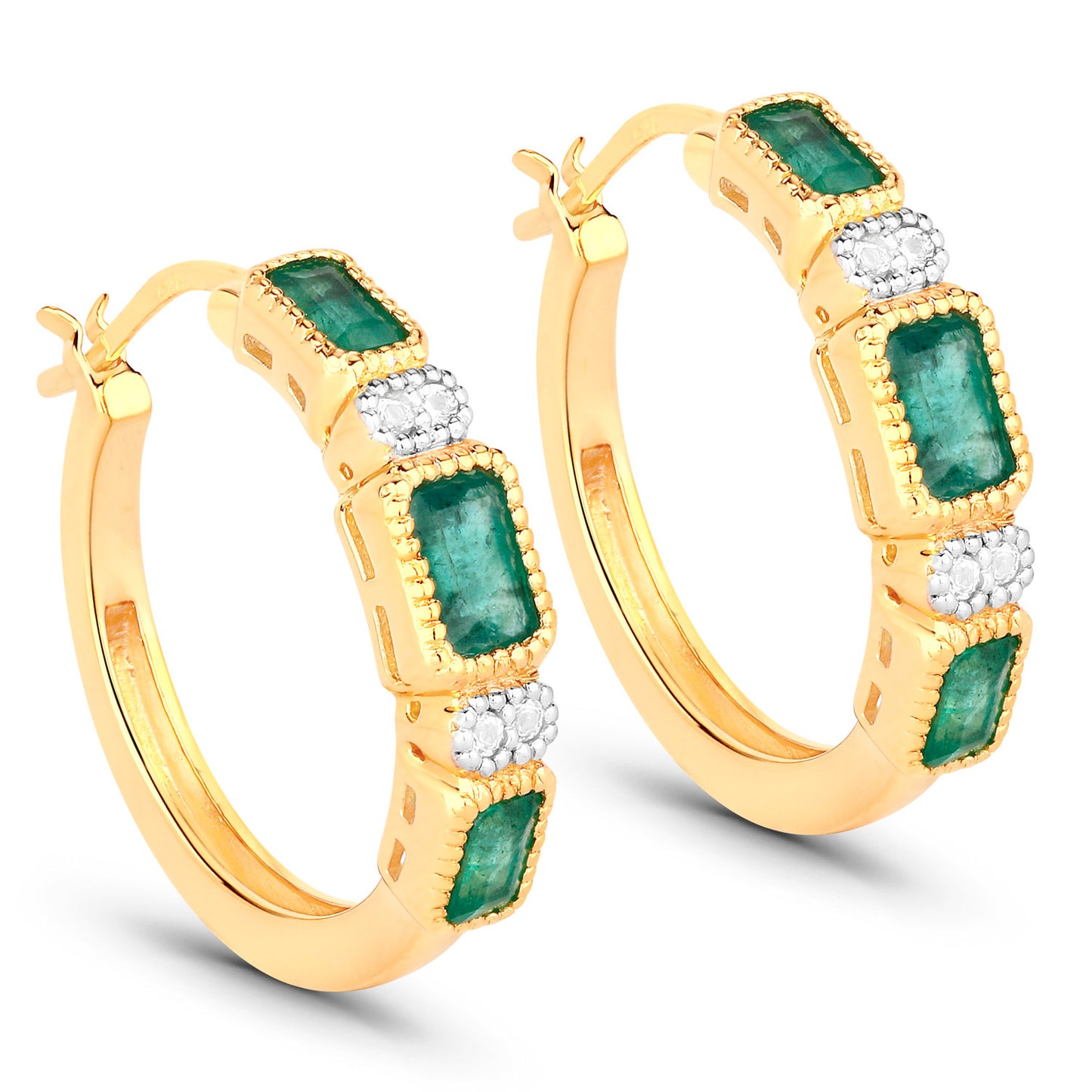Natural Emerald Earrings With White Topaz 2.34 Carats Gold Plated Silver
