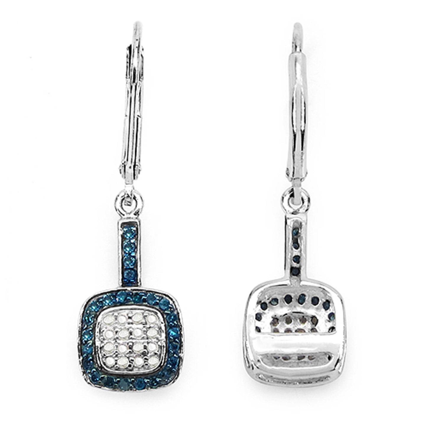 Blue and White Diamond Cluster Earrings 0.4 Carats Sterling Silver