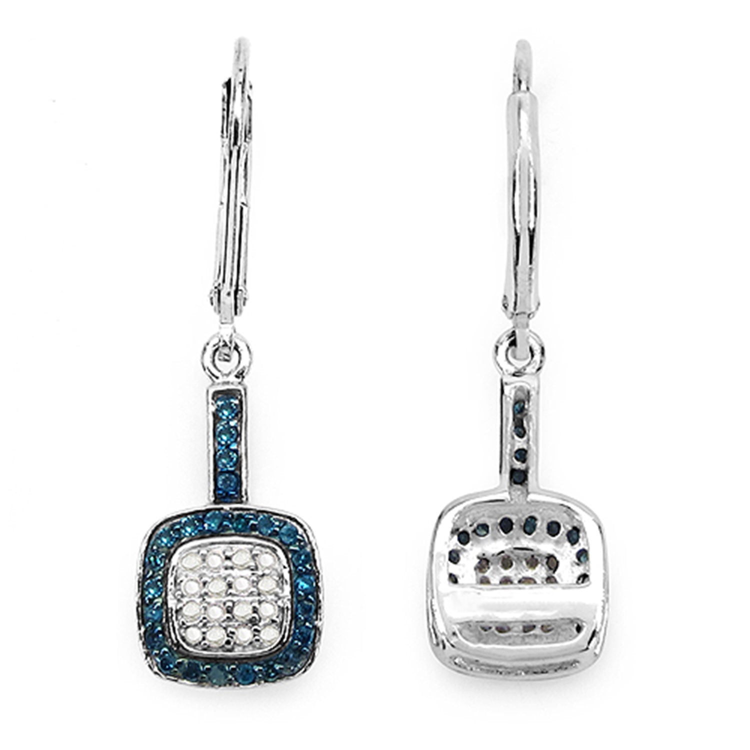 Blue and White Diamond Cluster Earrings 0.4 Carats Sterling Silver