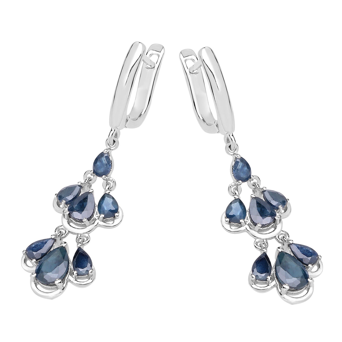 Blue Sapphire Chandelier Earrings 4.1 Carats Rhodium Plated Silver