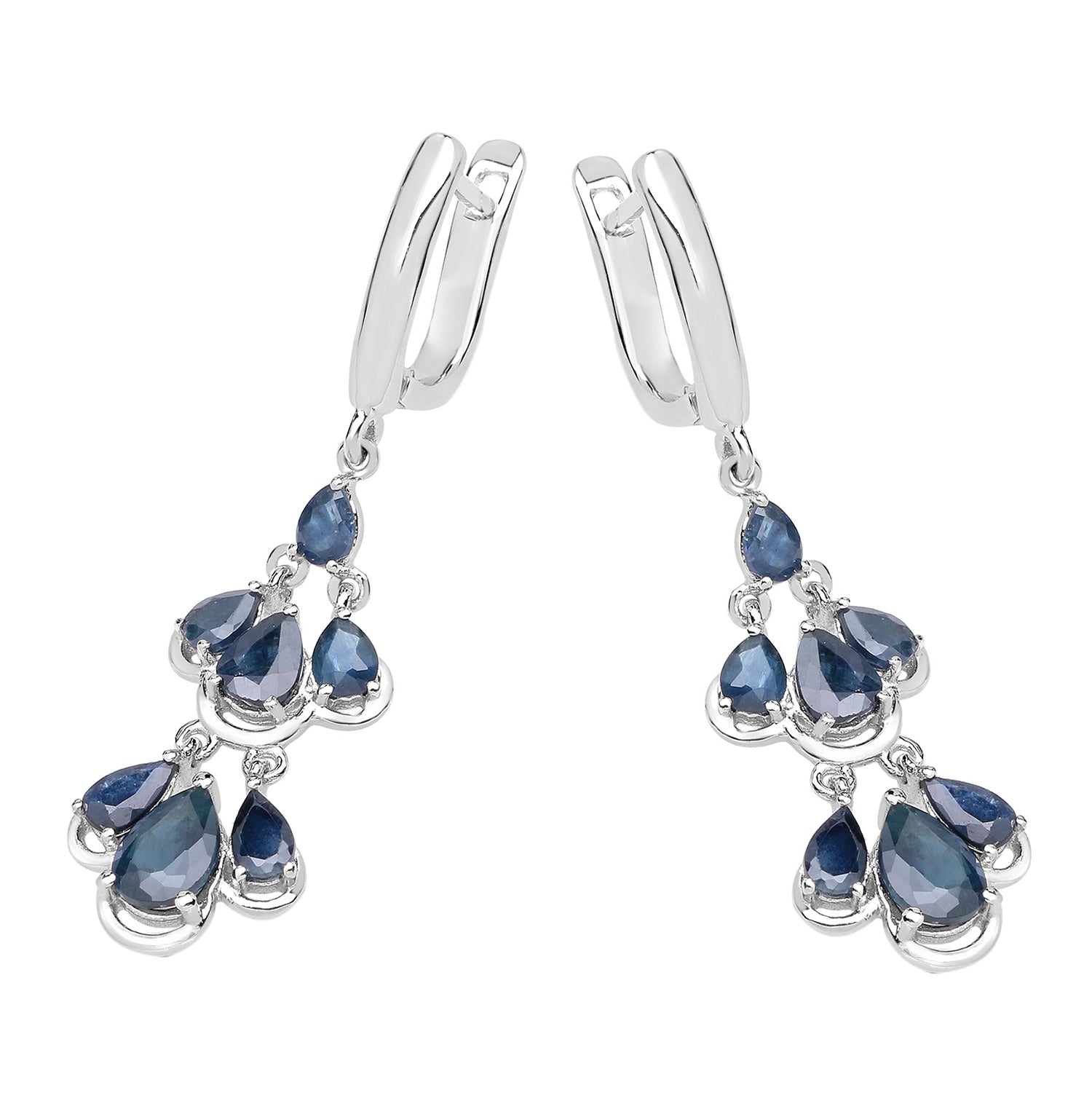 Blue Sapphire Chandelier Earrings 4.1 Carats Rhodium Plated Silver