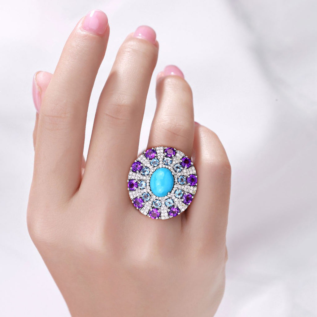 Turquoise Ring With Amethyst 8.3 Carats Sterling Silver